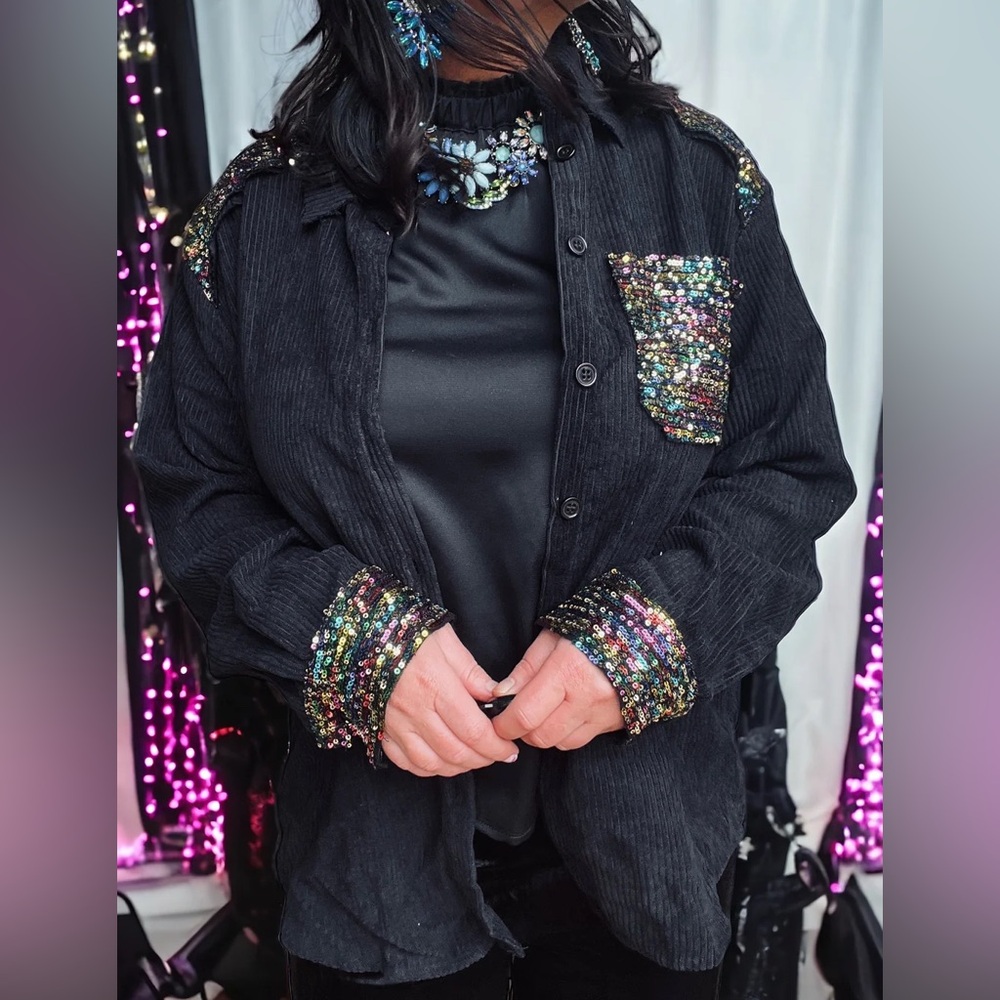 Umgee Corduroy Black Jacket / Shacket Multicolor Sequins - FESTIVE - NEW - NWT